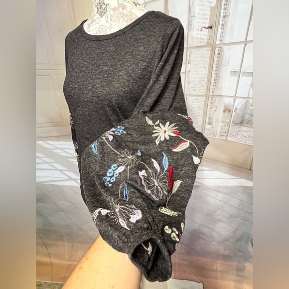 🛍️HARLOW & ROSE Gray embroidered balloon sleeve blouse size S. - Picture 4 of 12